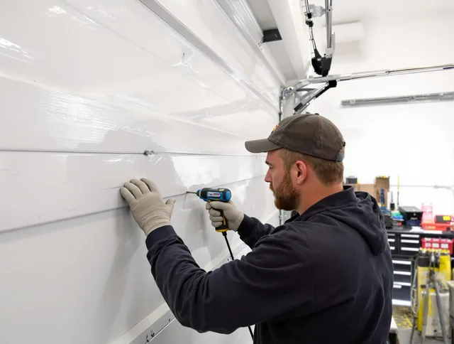Huntington Park Garage Door Repair technician demonstrating precision dent removal techniques on a Huntington Park garage door