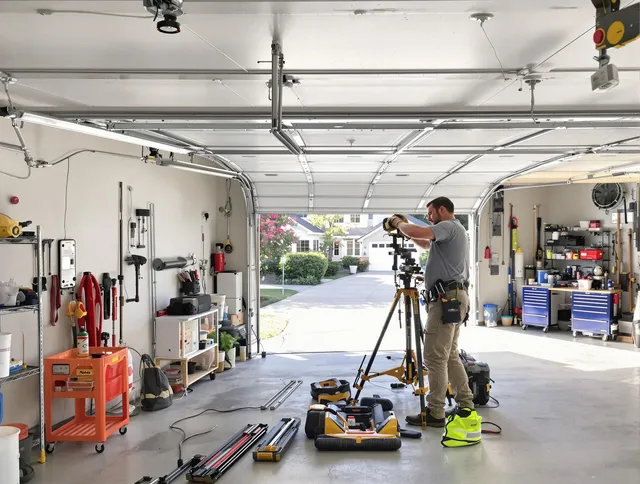 Huntington Park Garage Door Repair specialist performing laser-guided track alignment in Huntington Park